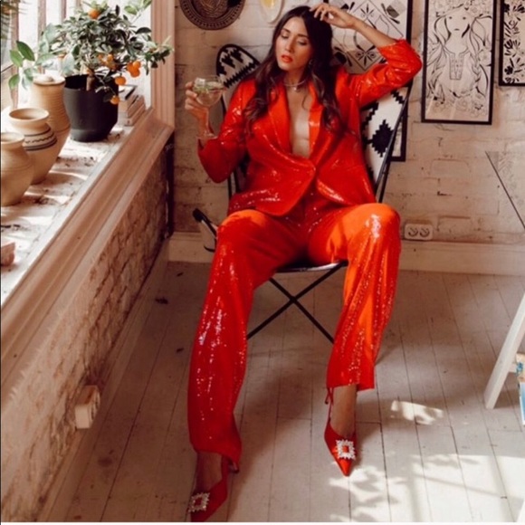 zara red sequin suit